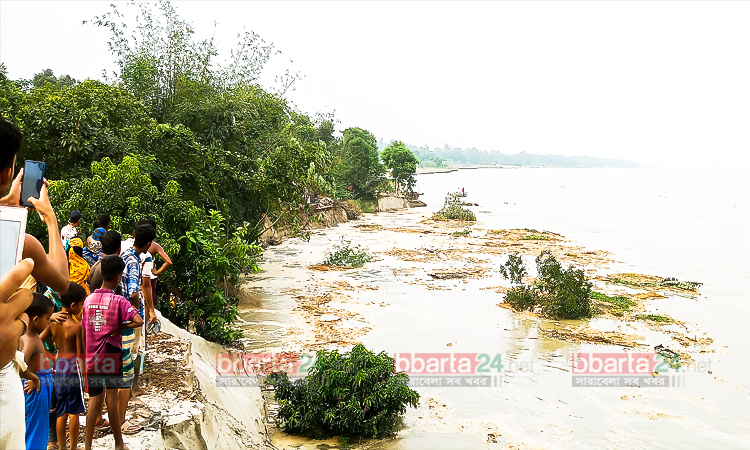 সিরাজগঞ্জের শাহজাদপুর উপজেলা যমুনা নদী অধ্যুষিত দুর্গম জালালপুর ইউনিয়নের বিস্তৃর্ণ এলাকা অসময়ে যমুনার ভাঙনে অর্ধশত বাড়িঘর, বিস্তৃর্ণ জমিজমা ও গাছপালা যমুনা গর্ভে বিলীন হয়েছে। বর্তমানে যমুনায় ভাঙনের তান্ডবলীলা তীব্র থেকে তীব্রতর হওয়ায় দিশেহারা ও দুশ্চিন্তগ্রস্থ হয়ে পড়েছে শতশত ভাঙন কবলিত মানুষজন। মঙ্গলবার (১১ অক্টোবর) তোলা ছবি।