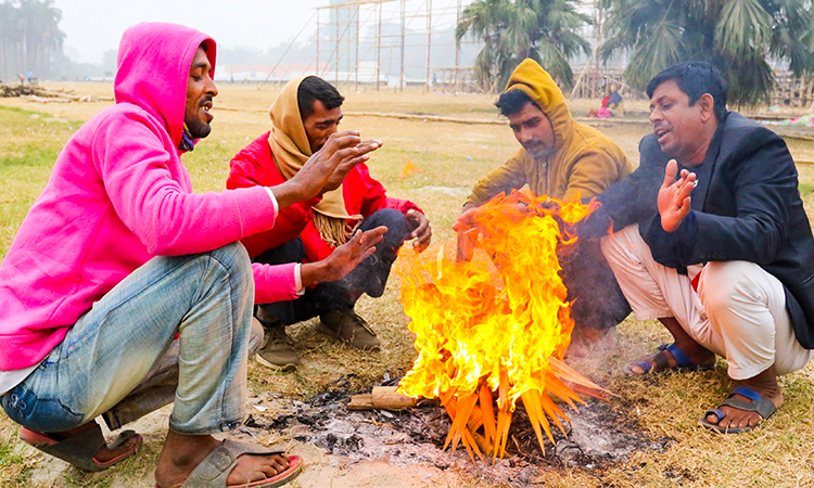 শীত থেকে রক্ষা পেতে রাজধানীর সোহরাওয়ার্দী উদ্যানে গাছের পাতা, ডাল ও খড়কুটো জ্বালিয়ে শীত নিবারণের চেষ্টা করছেন