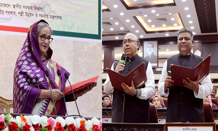 প্রধানমন্ত্রী শেখ হাসিনা সোমবার প্রধানমন্ত্রীর কার্যালয়ে সিলেট ও রাজশাহী সিটি করপোরেশনের মেয়রদের শপথ পাঠ করান।