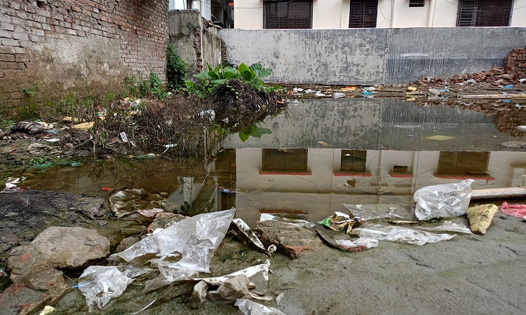 নির্মাণাধীন ভবন এলাকায় বৃষ্টির পানি জমে ডেঙ্গু রোগের বাহক এডিস মশার জন্ম হচ্ছে। কিন্তু এডিস মশার প্রজনন রোধে নেই যথাযথ কোনো ব্যবস্থা। স্থানীয়দের অভিযোগ, প্রায় প্রতি ঘরে কেউ না কেউ ডেঙ্গু জ্বরে আক্রান্ত। তাদের মধ্যে যাদের অবস্থা খারাপ তারাই হাসপাতালে যাচ্ছেন। বাকিরা বাড়িতে চিকিৎসা নিচ্ছেন। রাজধানীর কদমতলীর উত্তর মুরাদপুর এলাকা থেকে বৃহস্পতিবার তোলা ছবি।