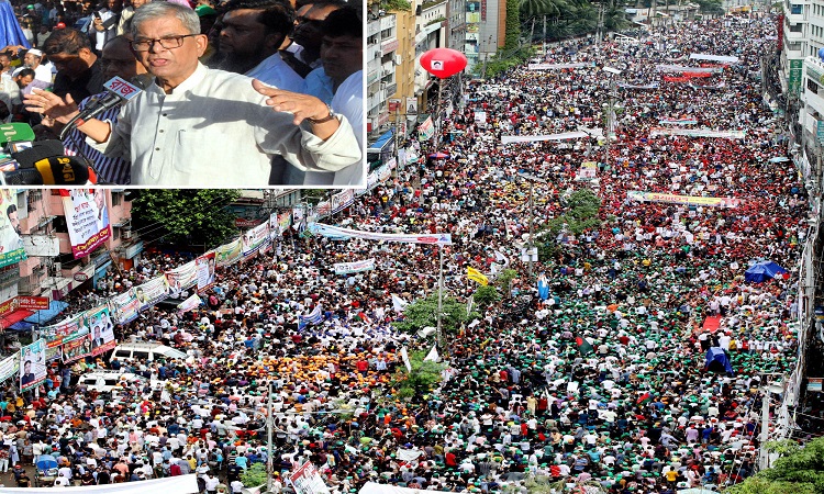 আওয়ামী লীগ সরকারের পদত্যাগের দাবিতে বুধবার রাজধানীর নয়াপল্টনে দলীয় কার্যালয়ের সামনে সমাবেশ করেছে বিএনপি।  সমাবেশে থেকে আওয়ামী লীগকে ক্ষমতা থেকে হটাতে এক দফার আন্দোলনের ঘোষণা করেন বিএনপি মহাসচিব মির্জা ফখরুল ইসলাম আলমগীর।