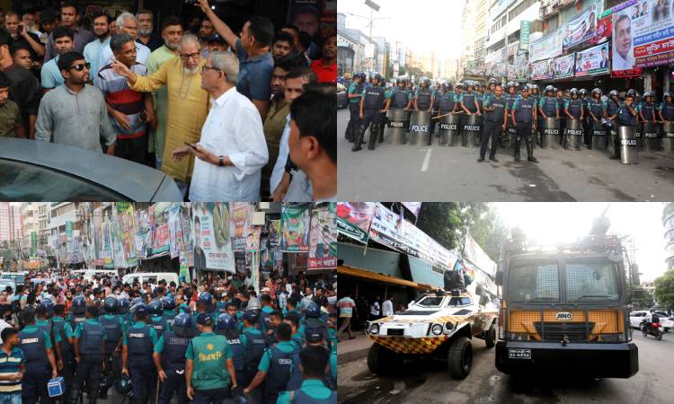 বৃহস্পতিবার রাজধানীর নয়াপল্টন অথবা সোহরাওয়ার্দী উদ্যানে সমাবেশ করার ঘোষণা দিয়েছে বিএনপি। তবে পুলিশ তাদের ঢাকার সায়েদাবাদ বাস টার্মিনালের পাশে গোলাপবাগ মাঠে সমাবেশ করার পরামর্শ দিয়েছে। এ সমাবেশকে কেন্দ্র করে নয়াপল্টনে বিএনপির কার্যালয়ের দুই পাশে রাস্তায় দুটি জলকামান ও একটি রায়ট কার দাঁড় করিয়ে রেখেছে পুলিশ। কার্যালয়ের তিন পাশে দেড় শতাধিক পুলিশ সদস্য মোতায়েন রয়েছেন।  ছবিটি বৃহস্পতিবার বিকেলে তোলা।