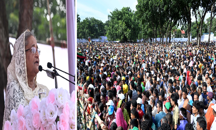 বুধবার রংপুর জিলা স্কুল মাঠে আওয়ামী লীগ আয়োজিত মহাসমাবেশে বক্তব্য রাখেন দলের সভানেত্রী ও প্রধানমন্ত্রী শেখ হাসিনা।