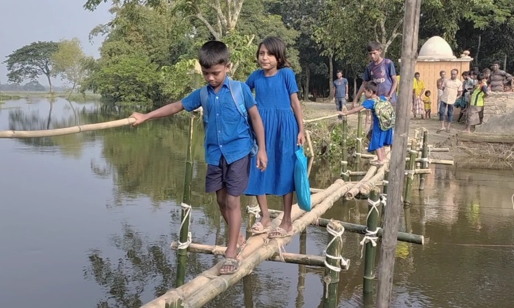 গৌরীপুরে ঝুঁকি নিয়ে সাঁকো দিয়ে পারাপার