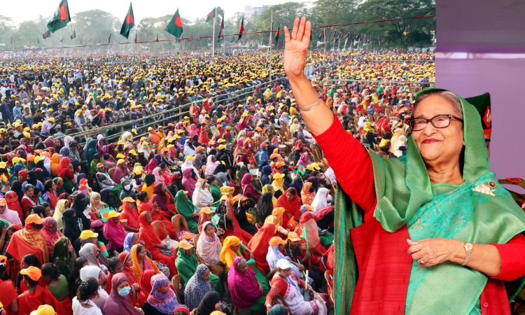 আওয়ামী লীগ সভাপতি ও প্রধানমন্ত্রী শেখ হাসিনা শুক্রবার বিকেলে বরিশাল নগরীর ঐতিহাসিক বঙ্গবন্ধু উদ্যানে দ্বাদশ জাতীয় সংসদ নির্বাচনের বিশাল জনসভায় হাত নেড়ে নেতাকর্মীদের শুভেচ্ছা জানান।