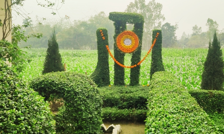 বিদ্যালয় মাঠে গাছ ও ফুলের তৈরি শহিদ মিনারে শ্রদ্ধাঞ্জলি