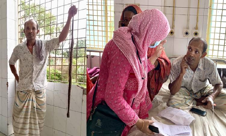রাজশাহীতে রাসেল ভাইপার হাতে ঝুলিয়ে হাসপাতালে এলেন কৃষক