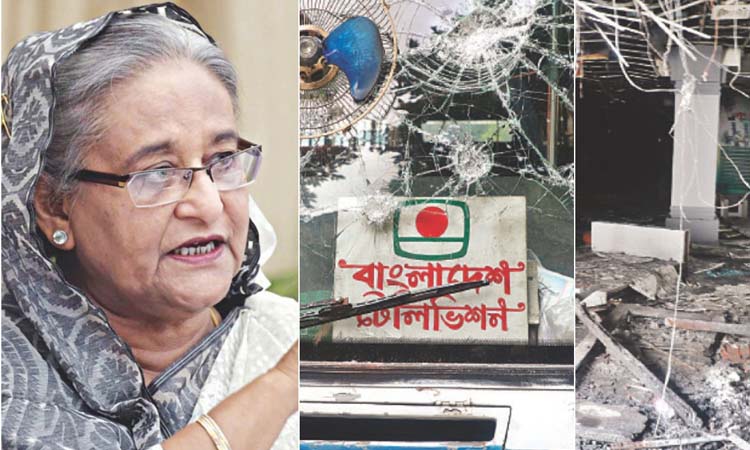 বিটিভির ধ্বংসযজ্ঞ পরিদর্শন করলেন শেখ হাসিনা