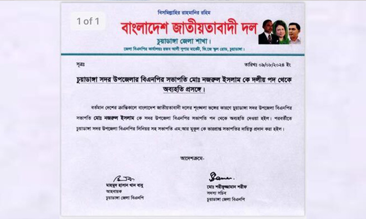 শৃঙ্খলা ভঙ্গের দায়ে চুয়াডাঙ্গায় বিএনপি নেতাকে অব্যাহতি