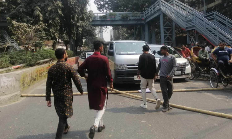 তিতুমীর কলেজের সামনে বাঁশ ফেলে সড়ক অবরোধ