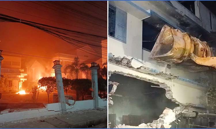পুলিশ-সেনাবাহিনীর বাধা উপেক্ষা করে গুঁড়িয়ে দিলো আমু-সাদিকের বাড়ি