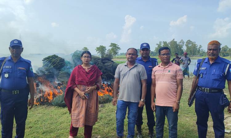 সিংড়ায় চায়না দুয়ারী জাল জব্দ ও আগুনে পুড়িয়ে ধ্বংস
